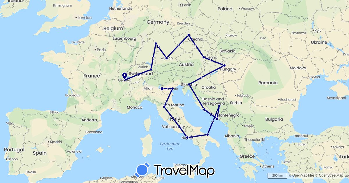TravelMap itinerary: driving in Austria, Bosnia and Herzegovina, Switzerland, Czech Republic, Germany, Croatia, Hungary, Italy, Liechtenstein, Slovenia (Europe)