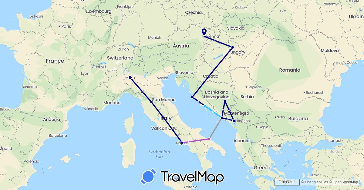 TravelMap itinerary: driving, plane, train, boat in Austria, Bosnia and Herzegovina, Croatia, Hungary, Italy, Montenegro (Europe)